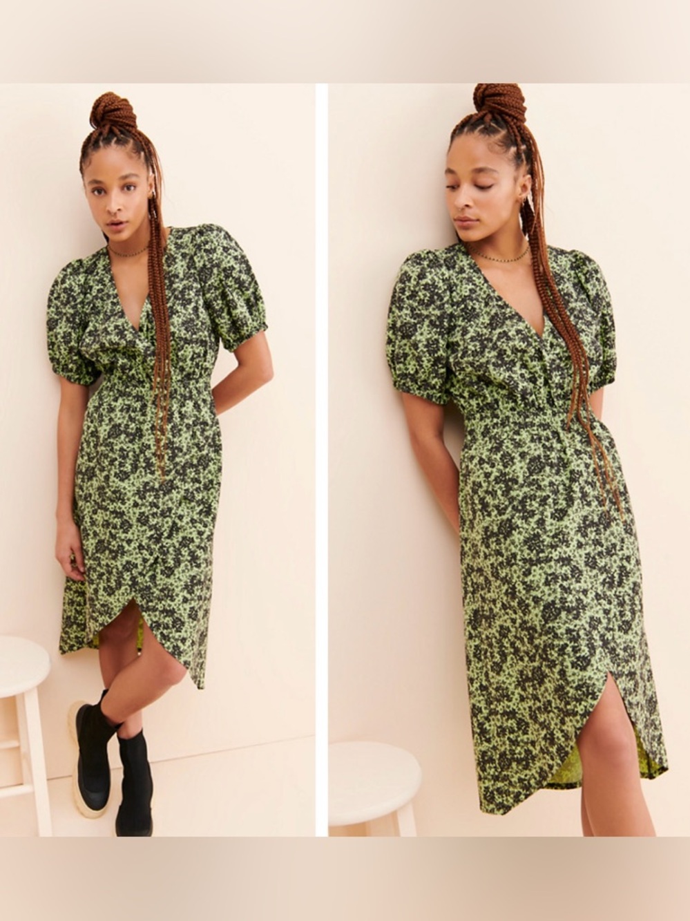 Just Female Alicia Floral Wrap-over Smocked Green Dress Organic Cotton Small